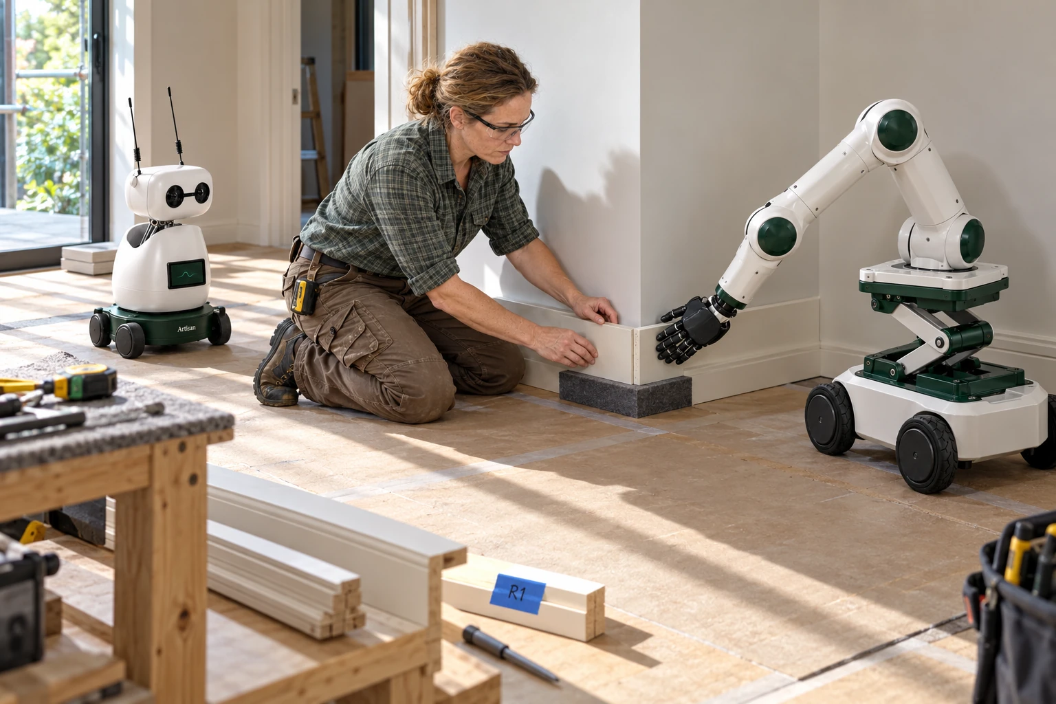 Muscle steadies the loose end of a short skirting return while the carpenter checks its fit at the room corner. Mini watches beside the skilled worker.