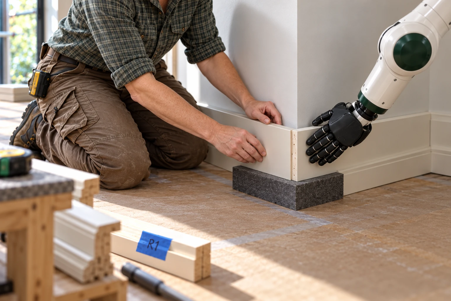 Muscle steadies the loose end of a short skirting return while the carpenter checks its fit at the room corner.
