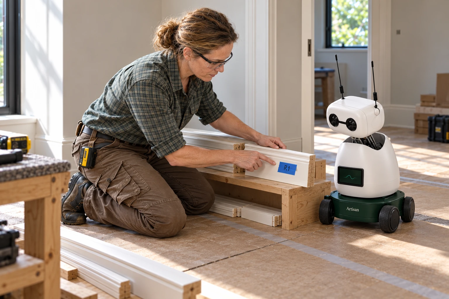 The carpenter shows Mini that the blue-tagged skirting offcut is the study’s approved profile and finish.