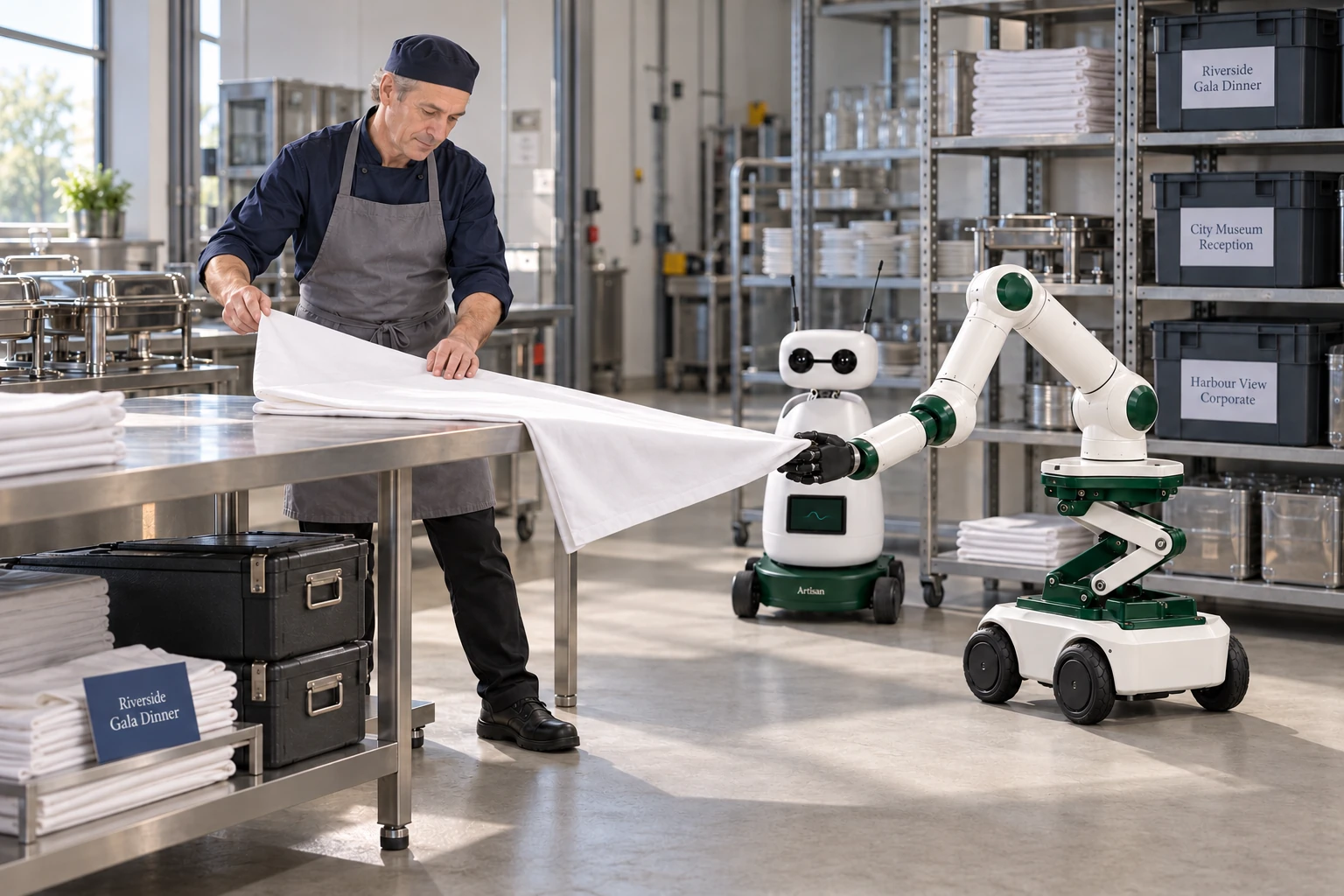 Muscle supports the free end of a clean folded tablecloth while the caterer folds it over the preparation table to pack with the event kit. Mini watches beside the skilled worker.
