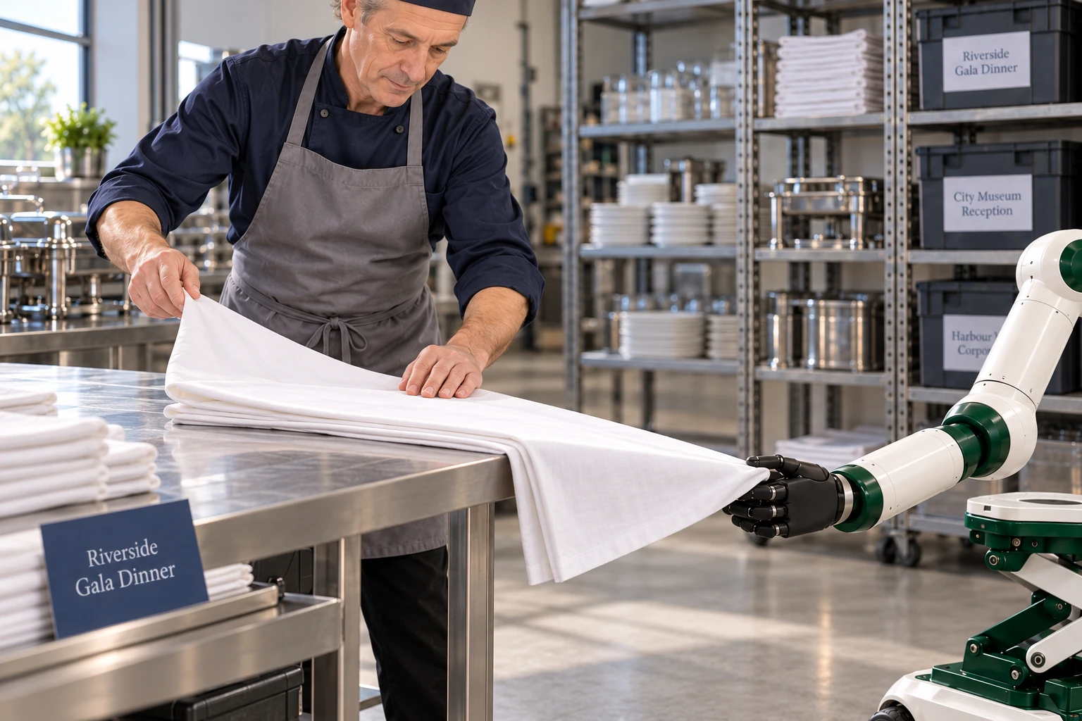 Muscle supports the free end of a clean folded tablecloth while the caterer folds it over the preparation table to pack with the event kit.