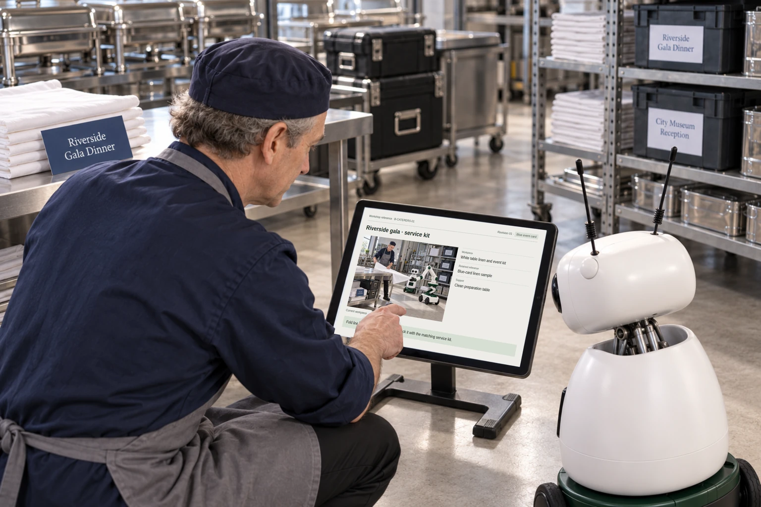 Worker and Mini consult the event’s service-equipment list and approved menu revision.