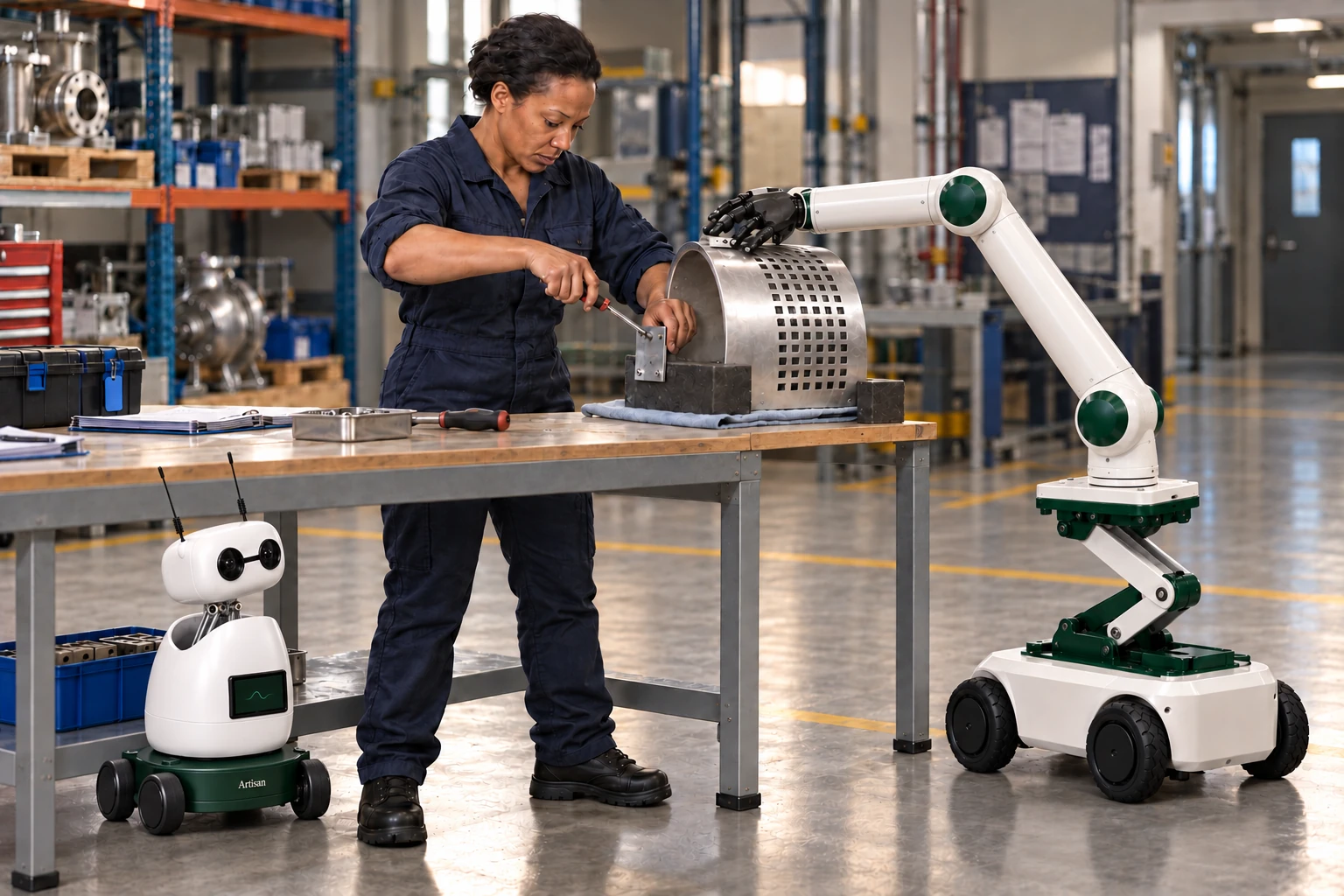 Muscle steadies a clean disconnected pump guard at its raised free edge while a depot technician replaces its accessible mounting bracket with both hands. Mini observes the actual handwork from a separate clear floor position.