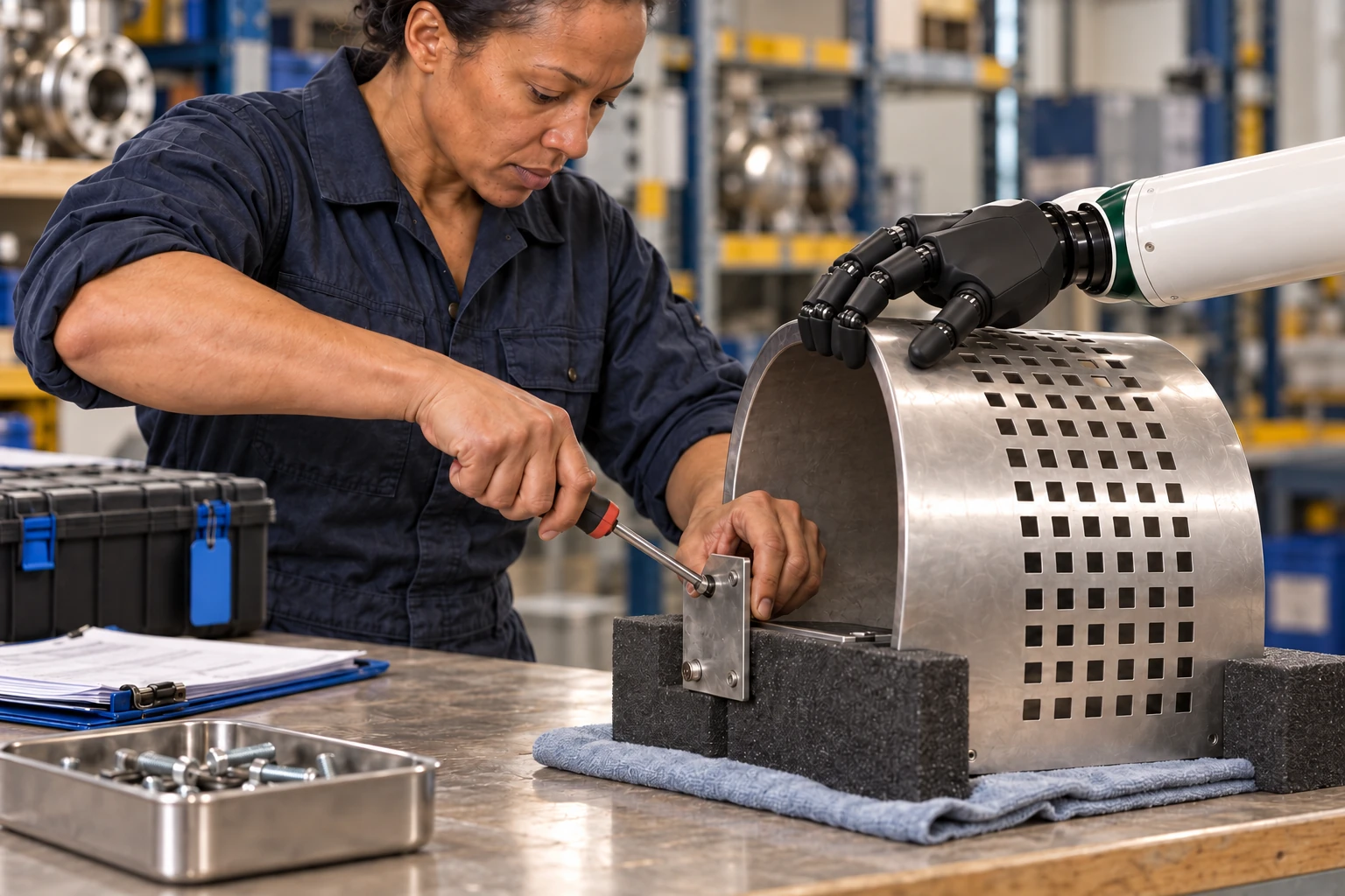 Muscle steadies a clean disconnected pump guard at its raised free edge while a depot technician replaces its accessible mounting bracket with both hands.