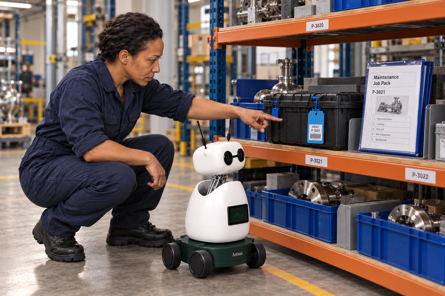 The technician explains that each prepared spare kit stays with its asset tag and maintenance job pack. The worker identifies the prepared spare kit with a blue asset tag on the low maintenance-job shelf.