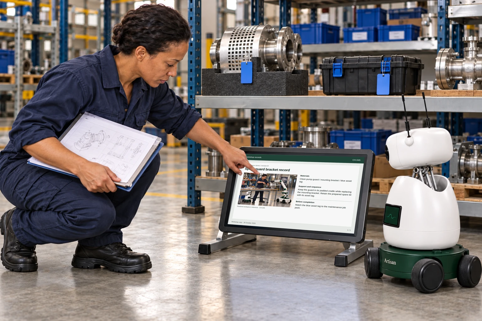 A technician and Mini consult the spare assembly’s source drawing and linked maintenance record.