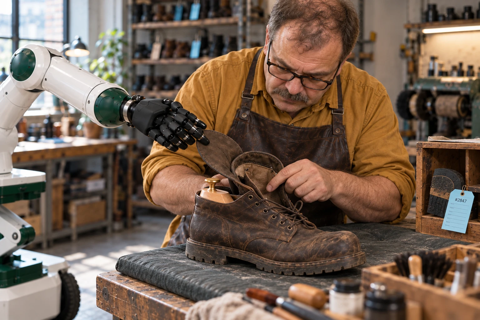 Muscle holds a boot’s loose tongue clear while the cobbler inspects the inner lining and explains the repair.
