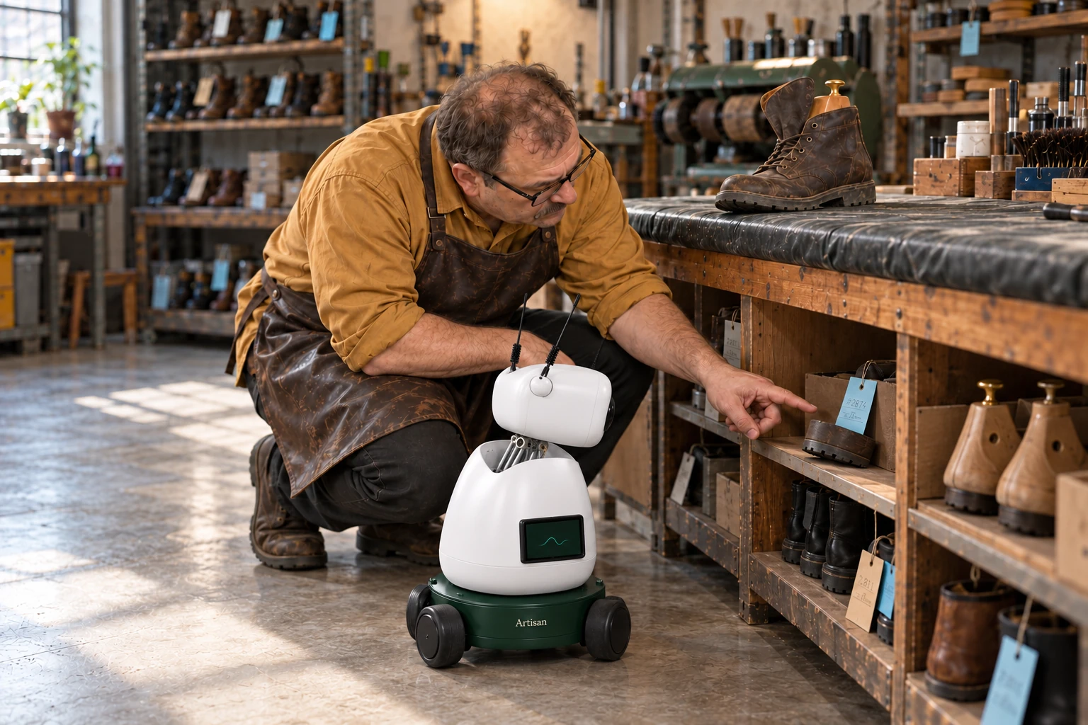 The cobbler shows Mini the retained heel sample and explains that it stays with the blue-ticket walking-boot repair.