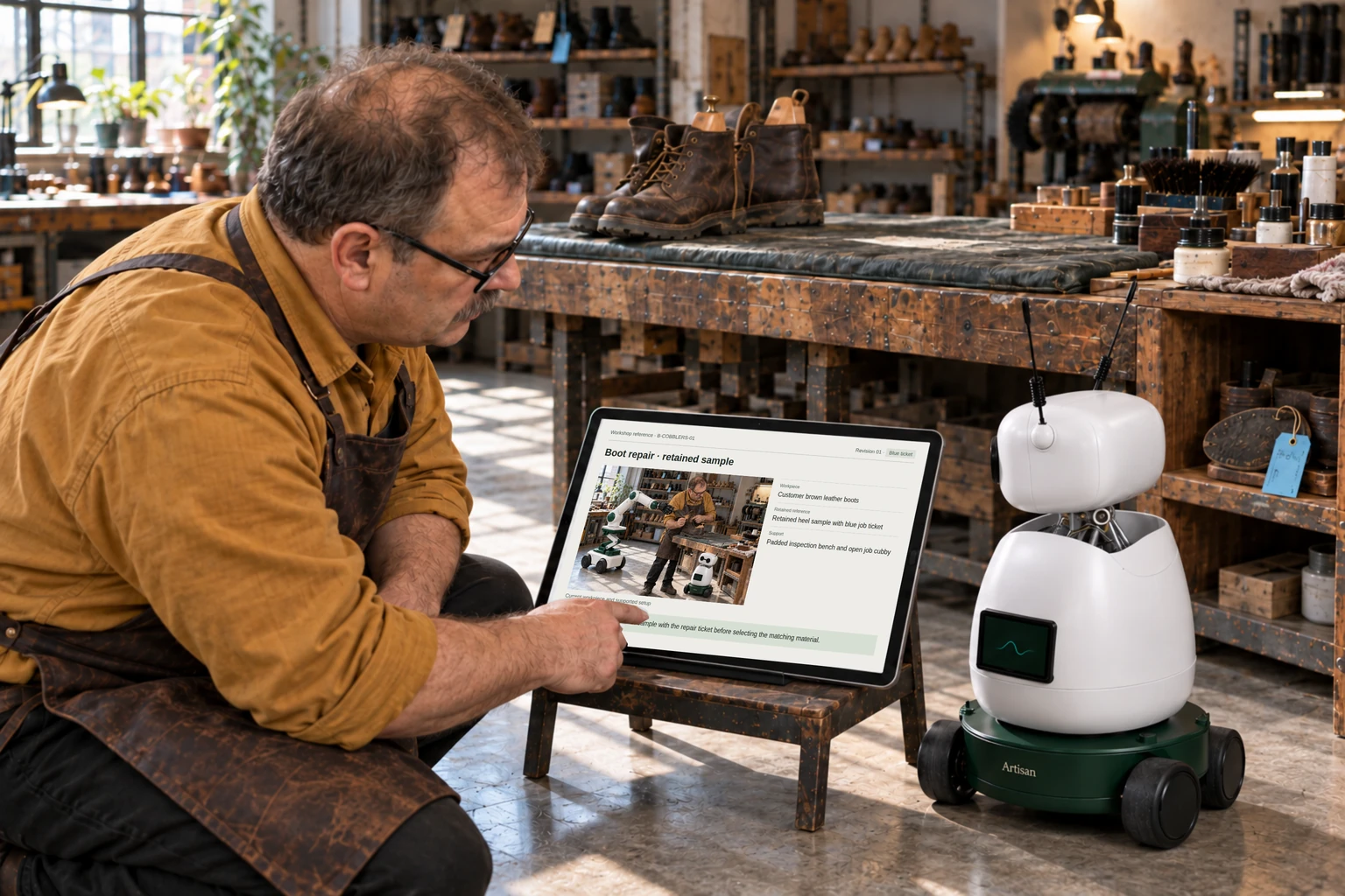 Worker and Mini consult the selected sole material sheet and this pair’s agreed repair record.