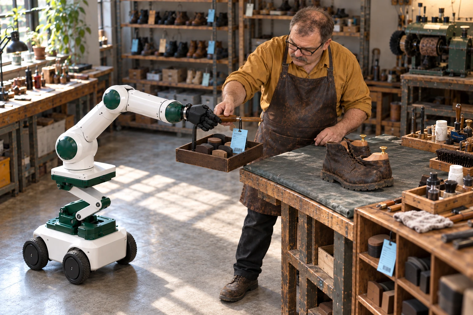 Muscle brings a small handled tray with the customer’s selected heel blocks and job ticket to the repair bench.