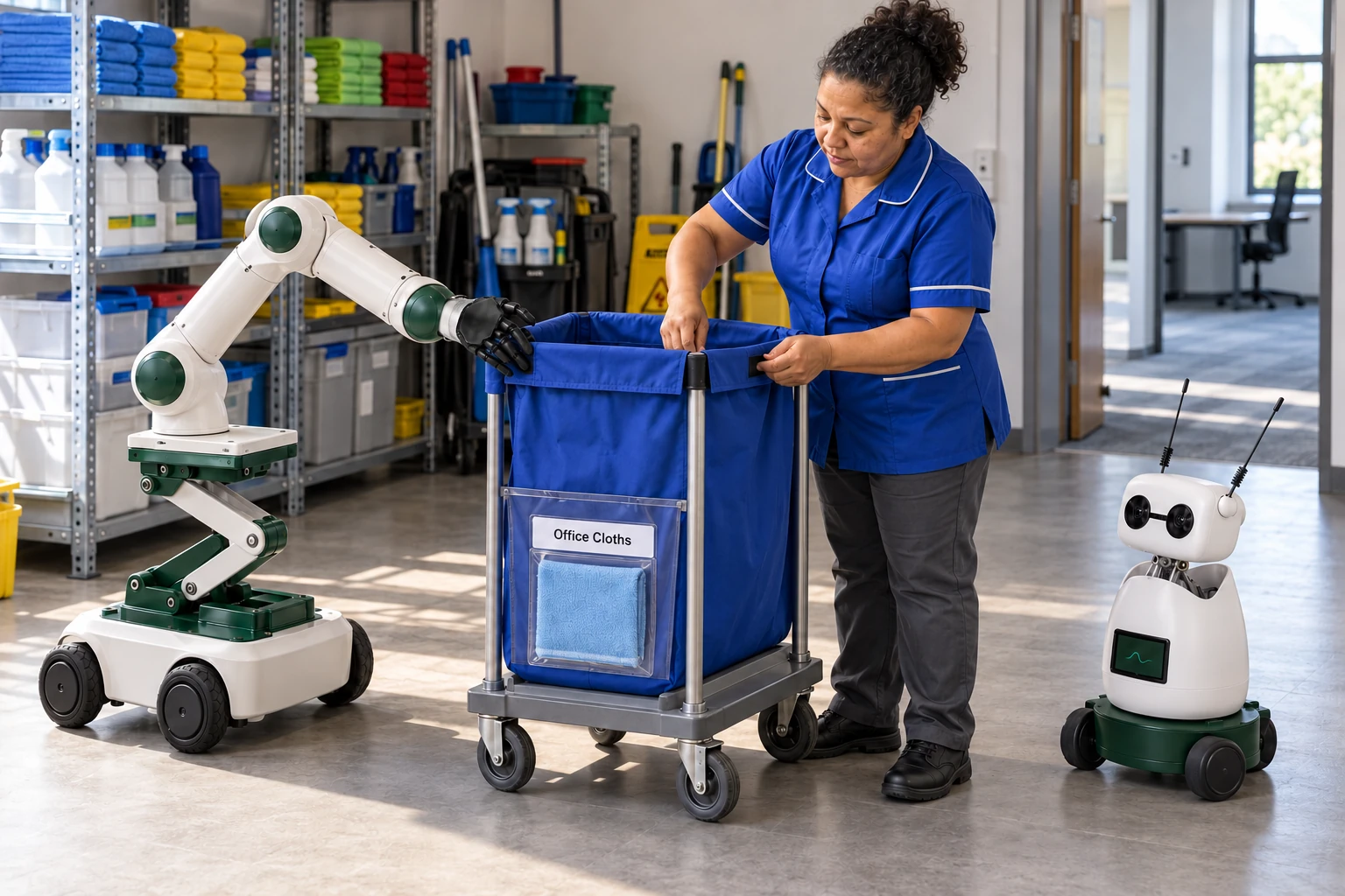 Muscle holds the rim of a clean trolley laundry bag open while the cleaner fits its broad fastening sleeve around the trolley’s support frame. Mini watches beside the skilled worker.