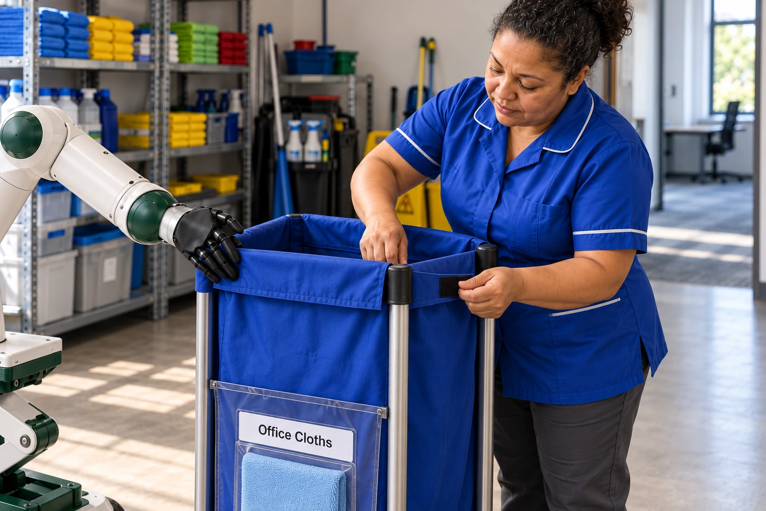 Muscle holds the rim of a clean trolley laundry bag open while the cleaner fits its broad fastening sleeve around the trolley’s support frame.