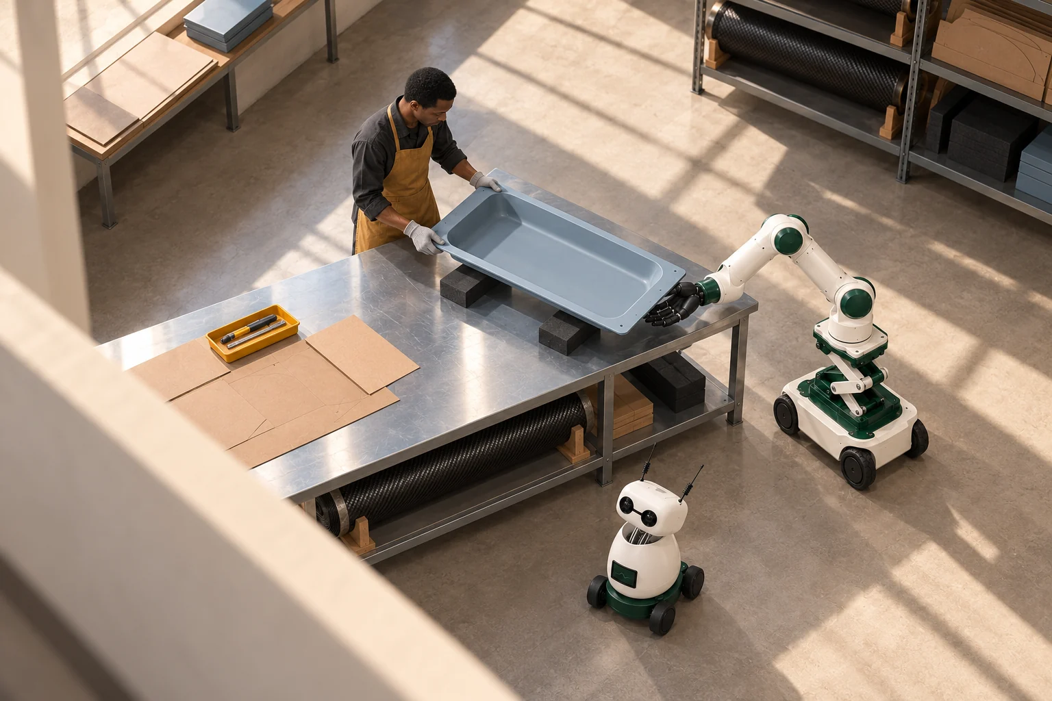 A laminator guides a shallow mould tray with the Muscle supporting its far edge; the Brains waits beside the steel bench on its wheeled base.