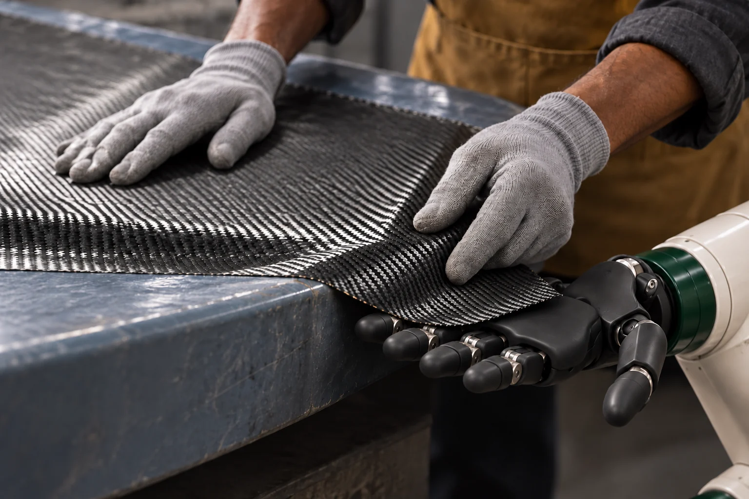 The Muscle supports the loose outer edge of dry carbon cloth on its open black hand while the laminator seats the adjoining material on the mould.