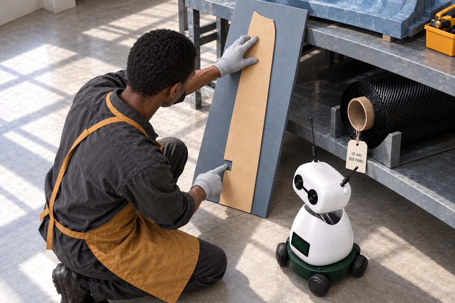From above the laminator’s shoulder, the Brains watches a notched template being placed against an inclined panel beside the labelled carbon cloth roll.