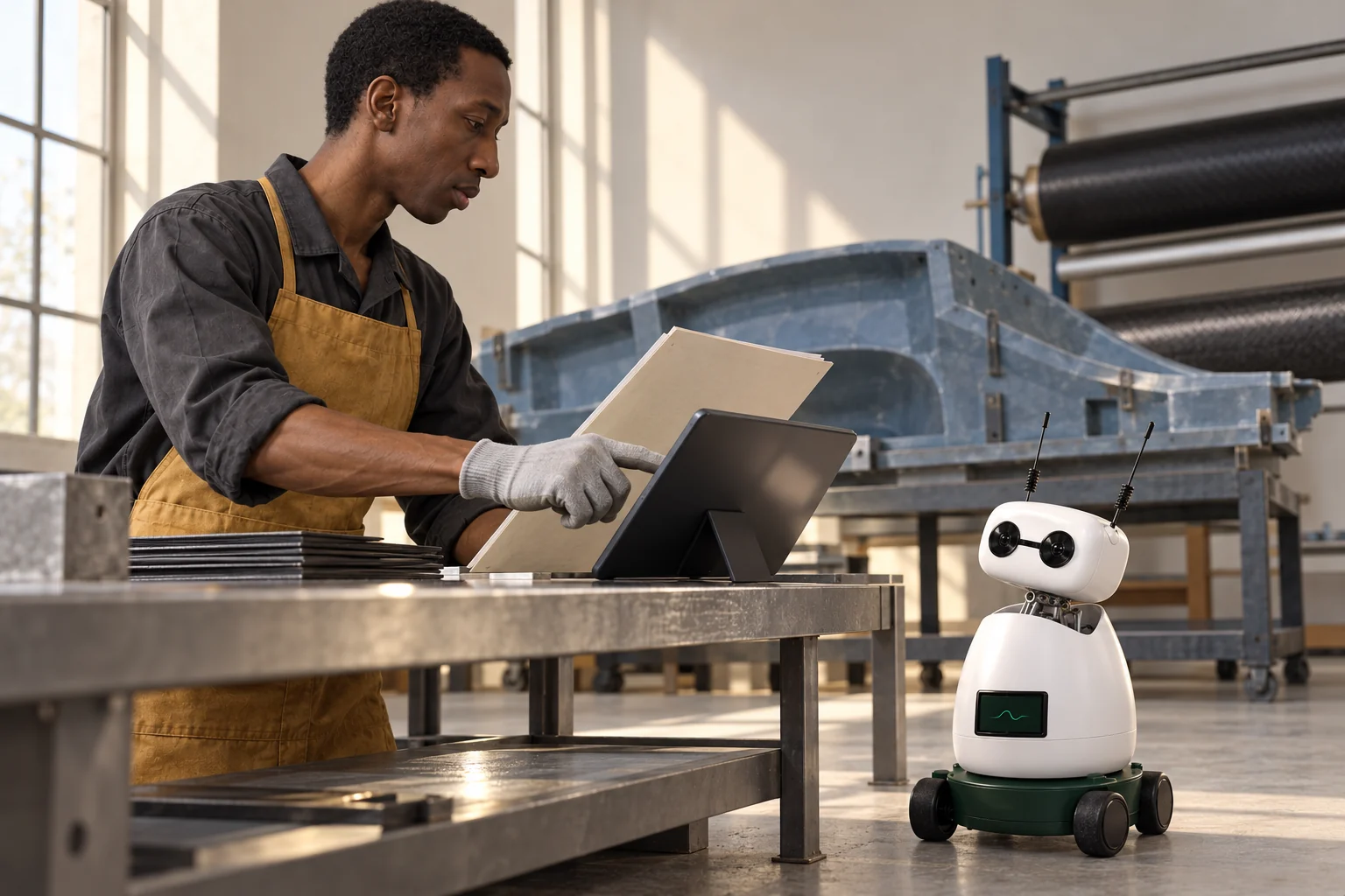 The laminator checks a tablet beside a job folder while the Brains stands alongside the steel preparation bench.