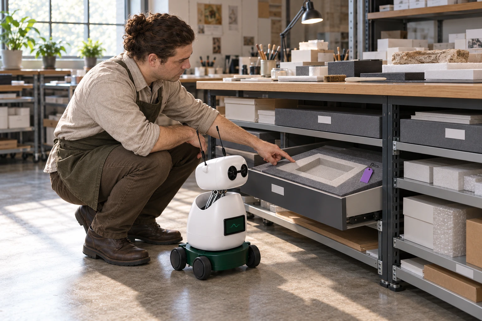 The conservator explains that the enclosure layout is retained with its project tag for consistent repacking. The worker identifies the approved foam-layout sample marked with a purple project tag in the low enclosure-sample drawer.