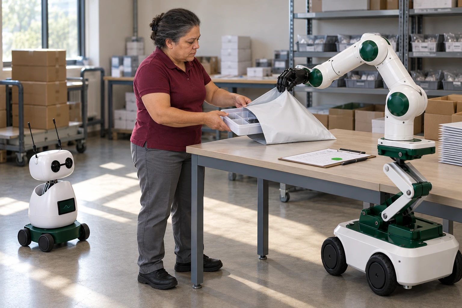 Muscle holds a flexible presentation sleeve open while a packer guides a bench-supported kit tray into it with both hands. Mini observes the actual handwork from a separate clear floor position.