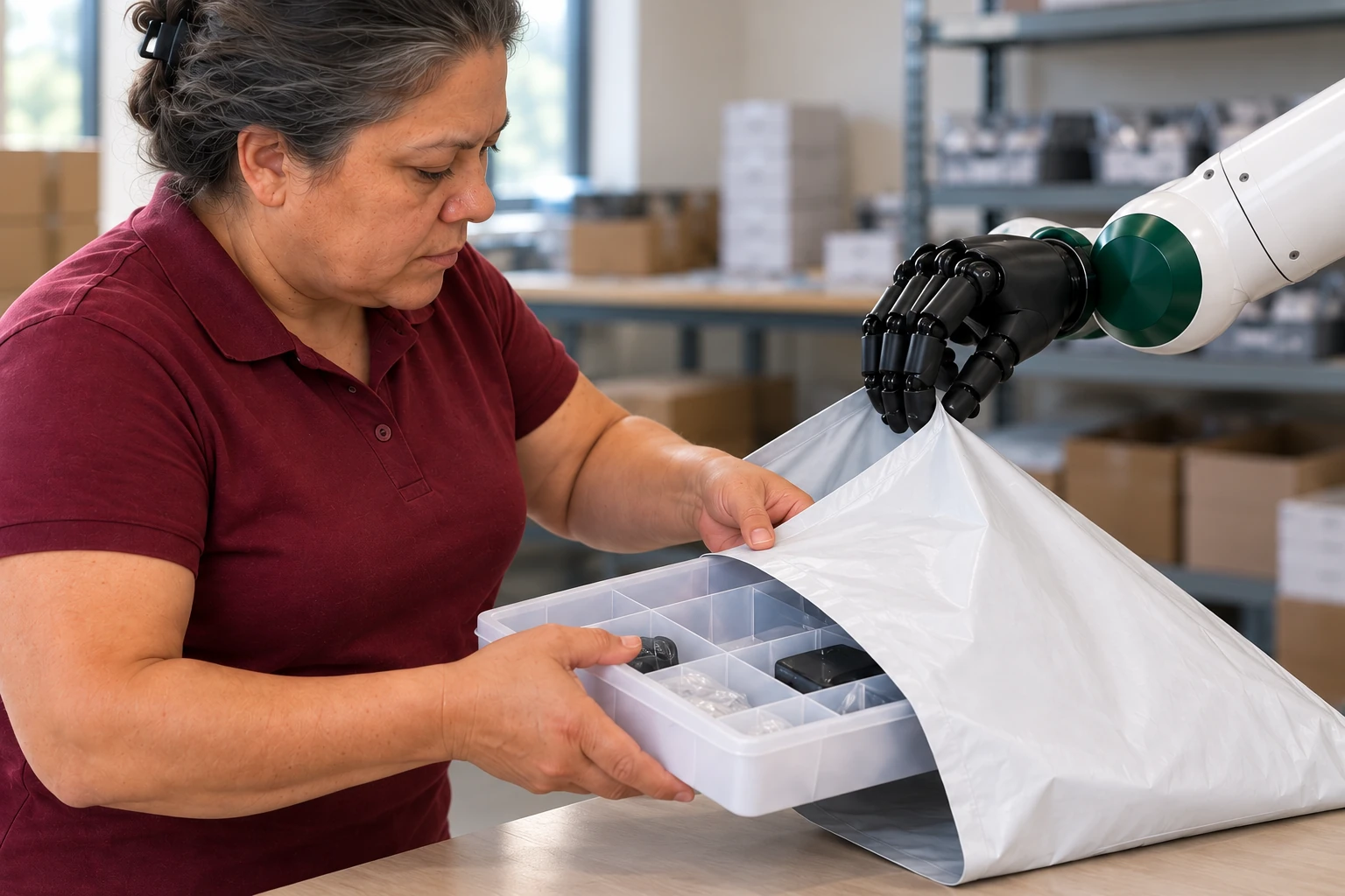 Muscle holds a flexible presentation sleeve open while a packer guides a bench-supported kit tray into it with both hands.