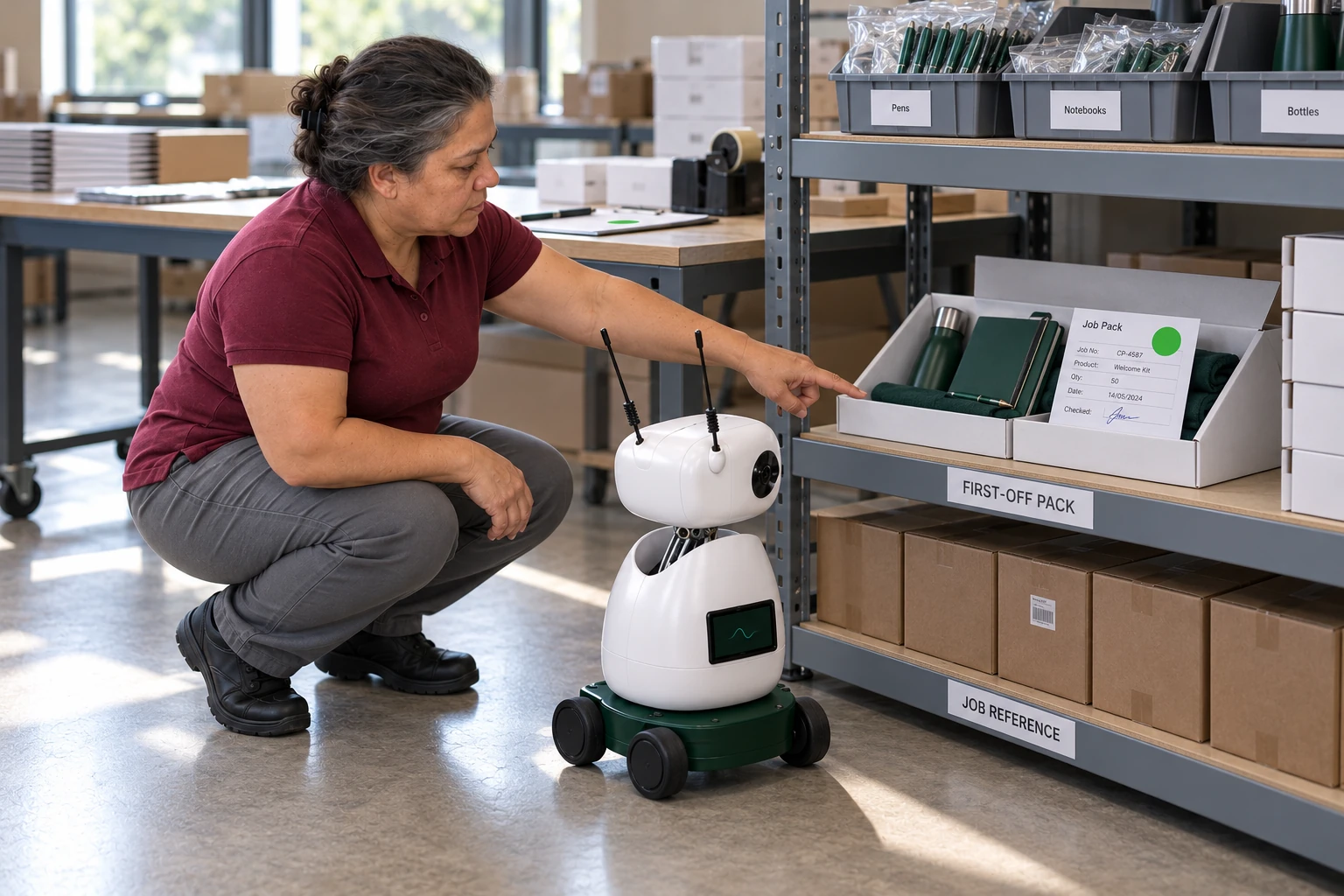 The supervisor explains that the signed first-off pack is the reference for the rest of the job. The worker identifies the signed first-off kit with a green approval sticker on the low job-reference shelf.