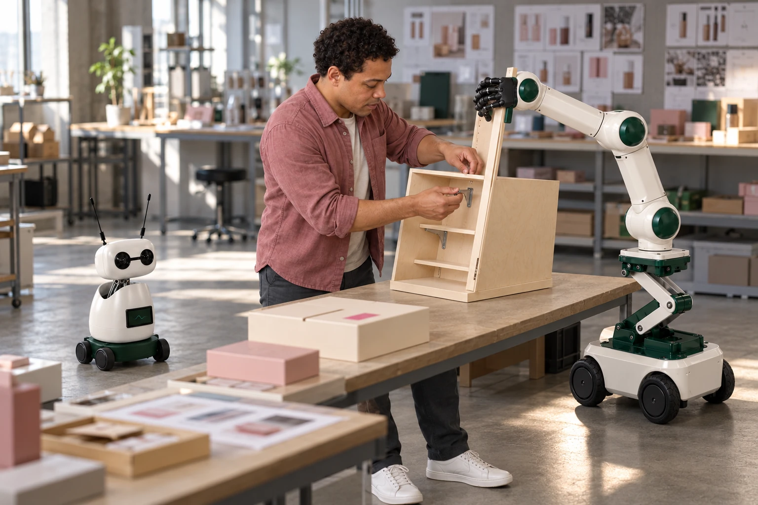 Muscle steadies a raised rigid panel of an empty reusable presentation-display case while an operator fits its removable shelf brackets with both hands. Mini observes the actual handwork from a separate clear floor position.