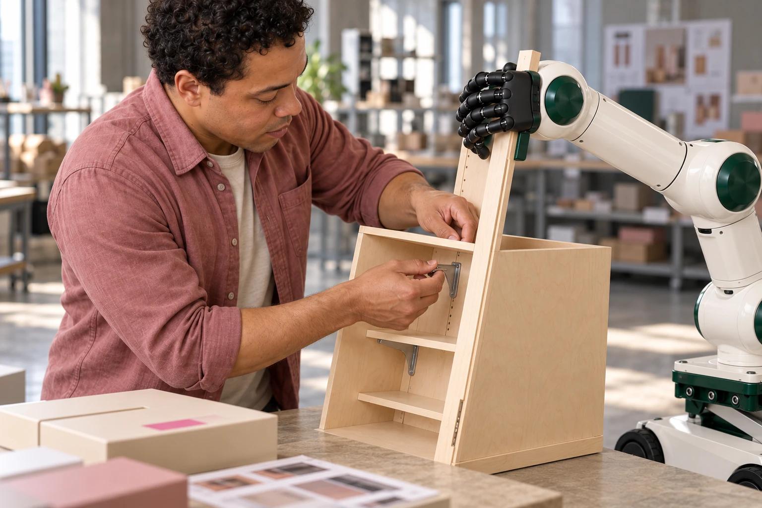 Muscle steadies a raised rigid panel of an empty reusable presentation-display case while an operator fits its removable shelf brackets with both hands.