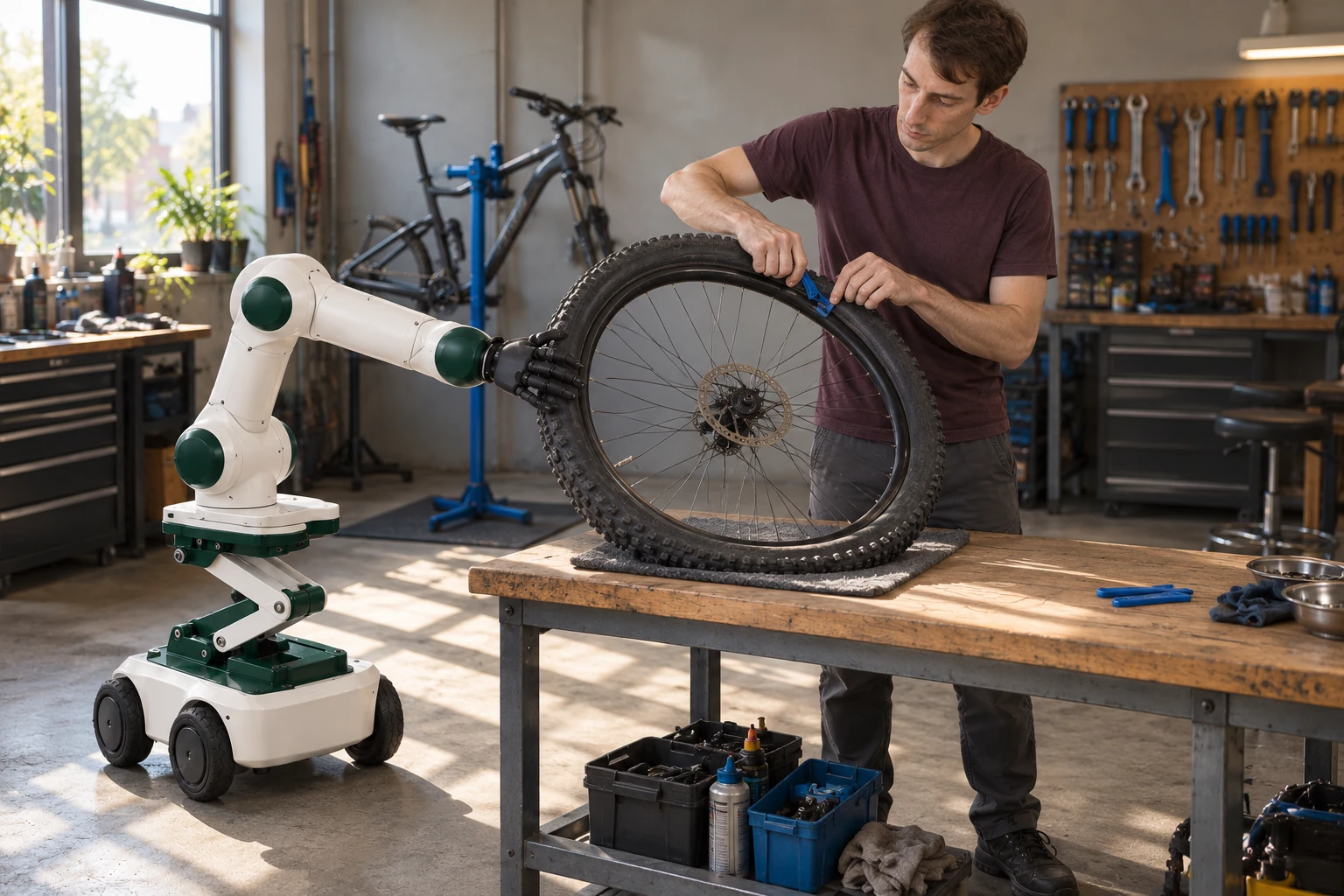 A bicycle mechanic uses a tyre lever while the floor-standing robot steadies the bench-supported wheel.