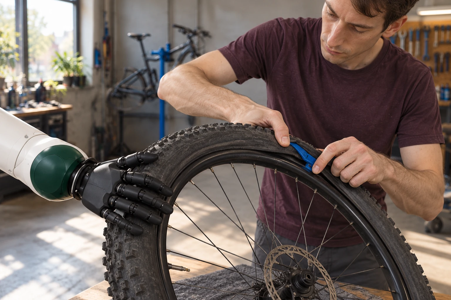 The robot supports the tyre sidewall away from the mechanic’s lever and working fingers.