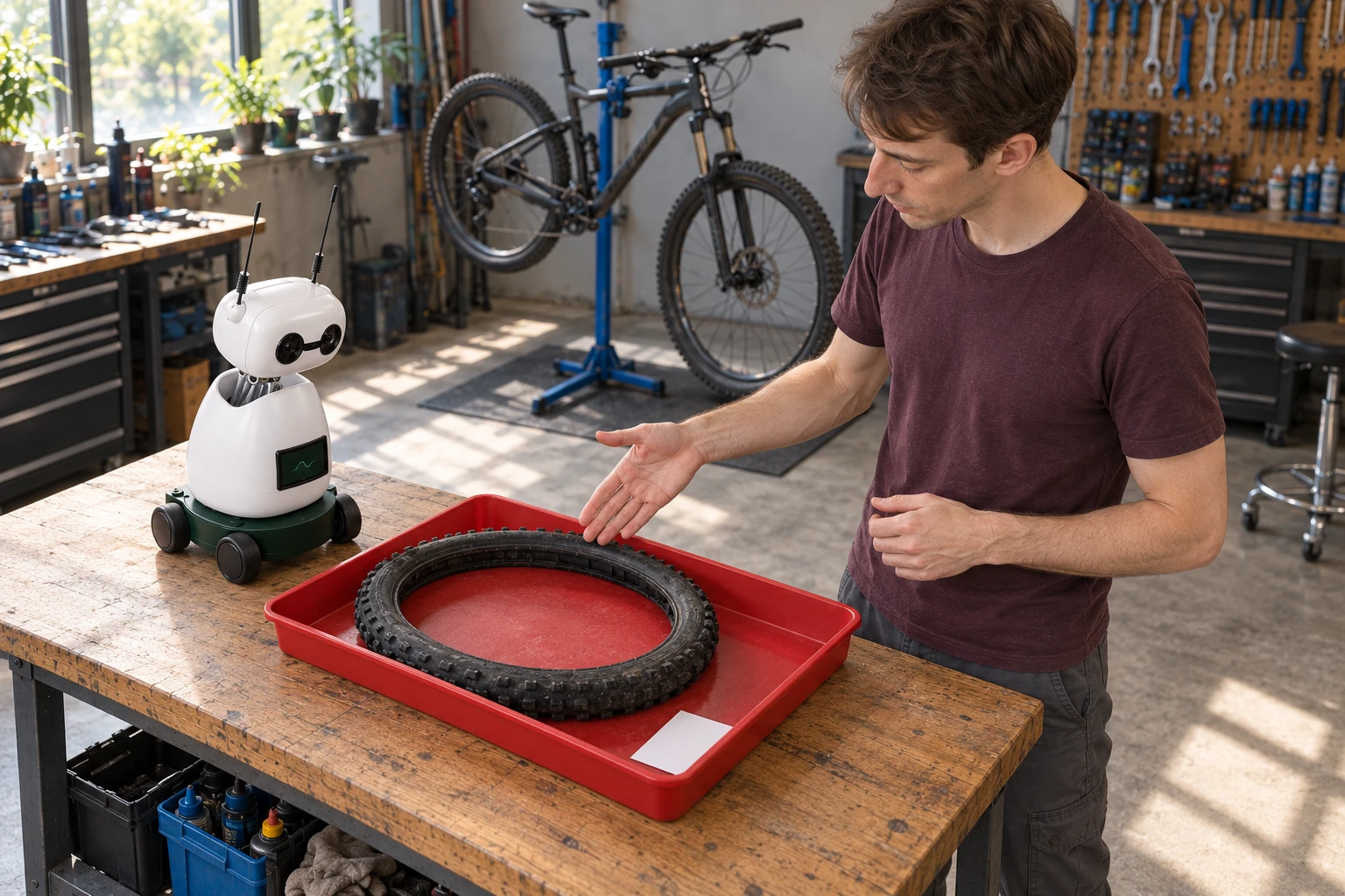 The mechanic shows Mini the removed tyre kept with its job card in a red return tray.