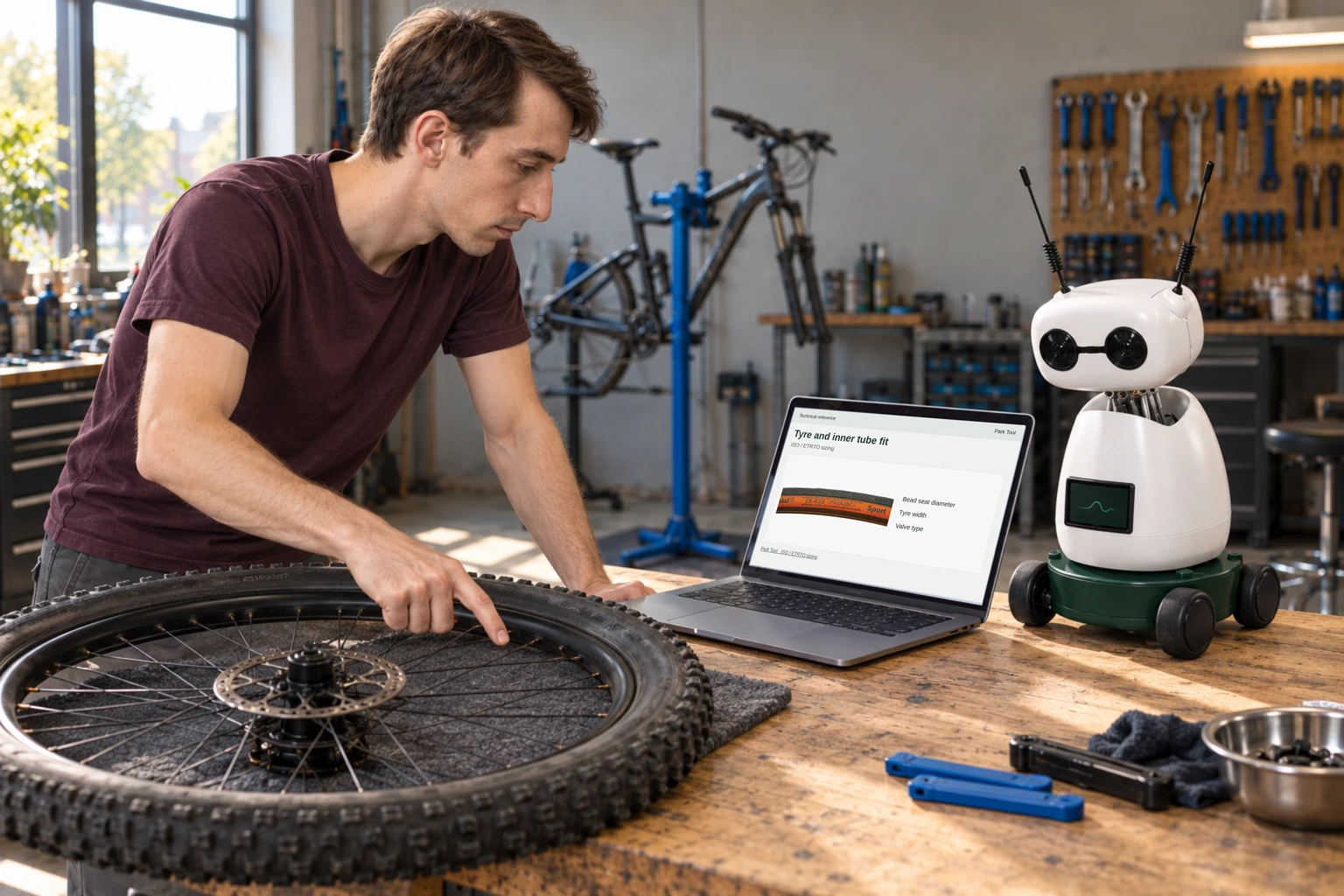 The mechanic and Mini consult tyre-fit guidance beside the bicycle wheel.