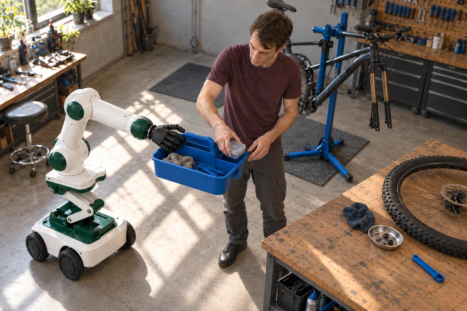 The mobile arm brings a blue handled caddy of selected parts and tools to the bicycle mechanic.