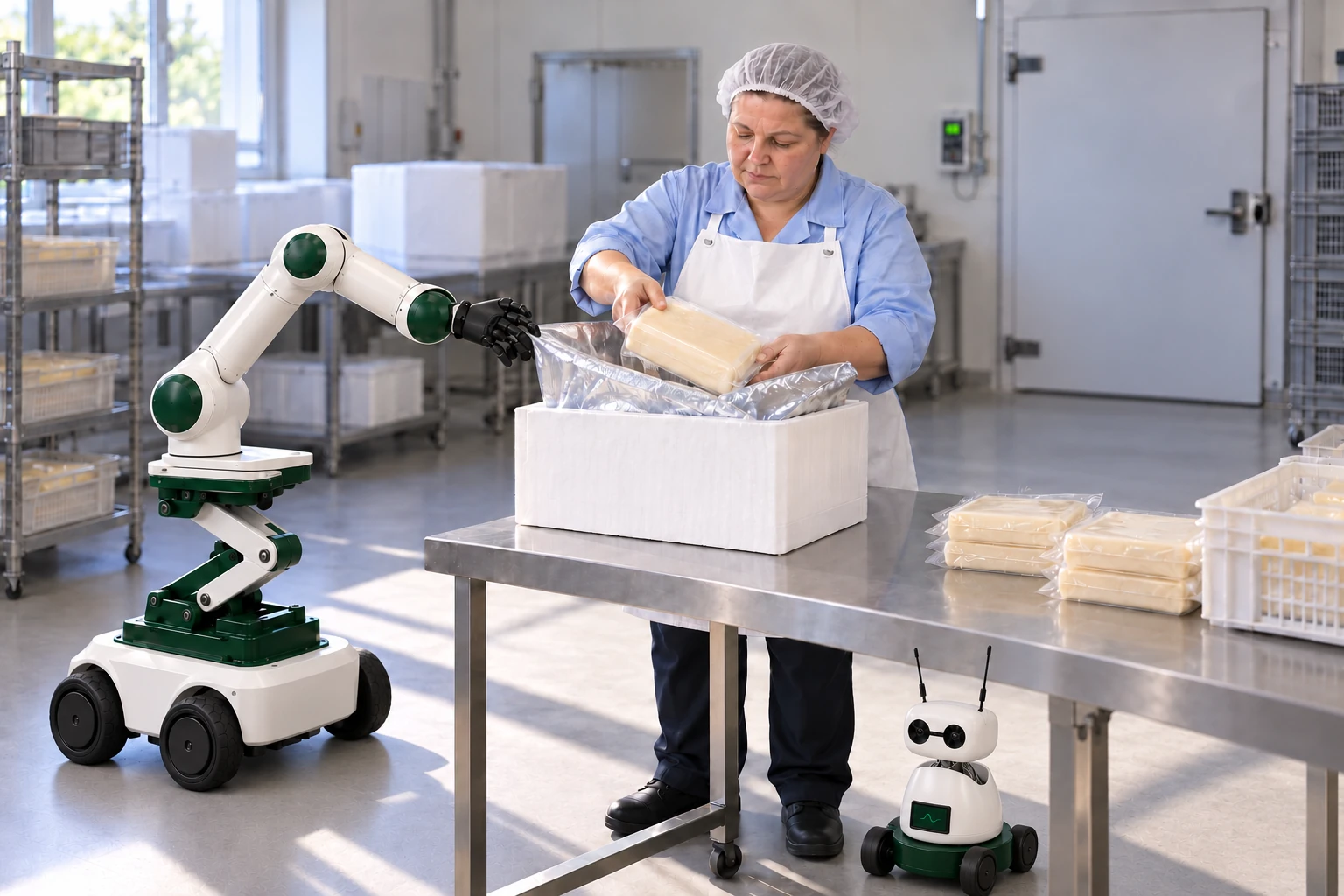 Muscle keeps a flexible insulated box liner open while the packer lowers a sealed cheese pack into the supported delivery box. Mini watches beside the skilled worker.