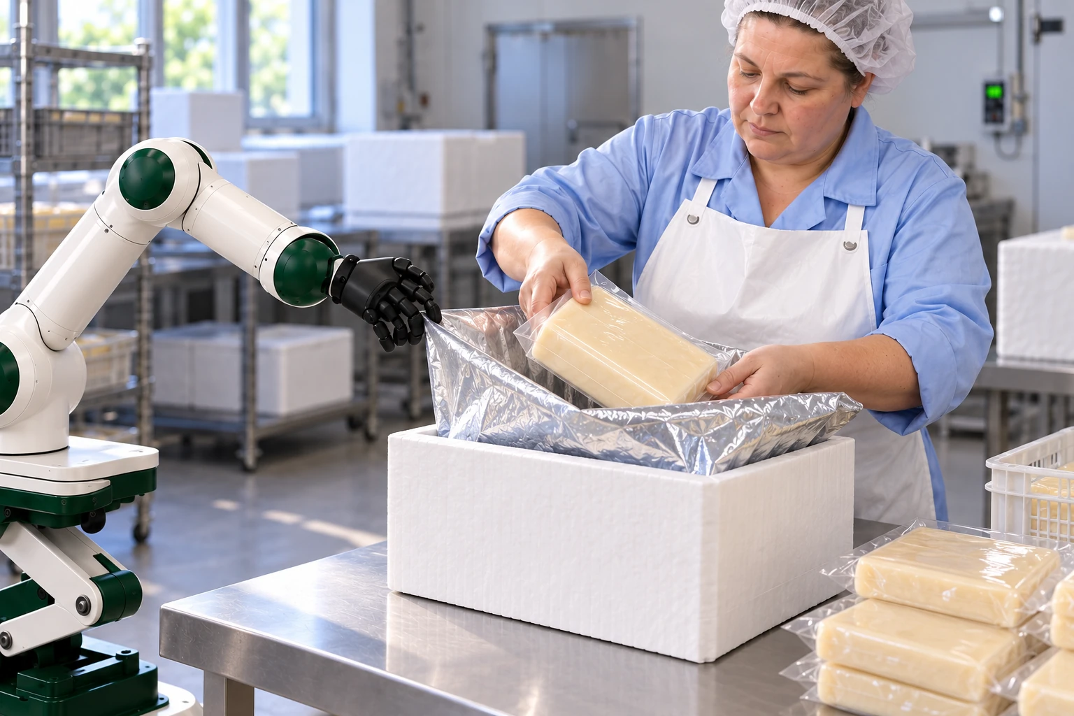 Muscle keeps a flexible insulated box liner open while the packer lowers a sealed cheese pack into the supported delivery box.