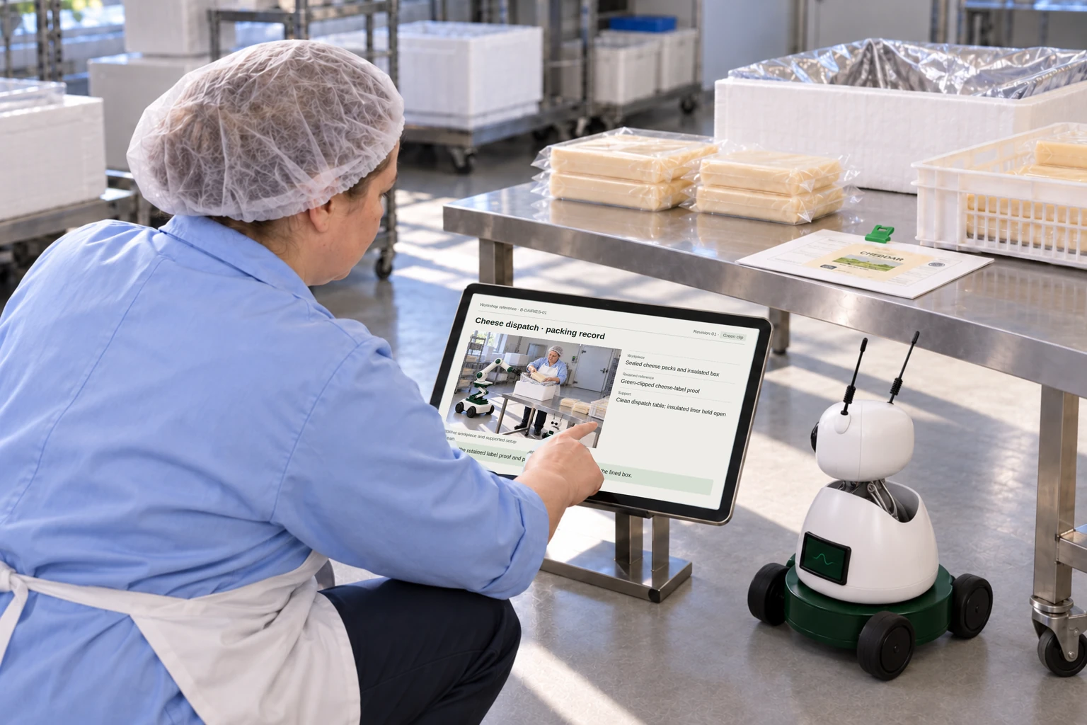 Worker and Mini consult the cheese batch record and customer’s chilled-dispatch packing sheet.