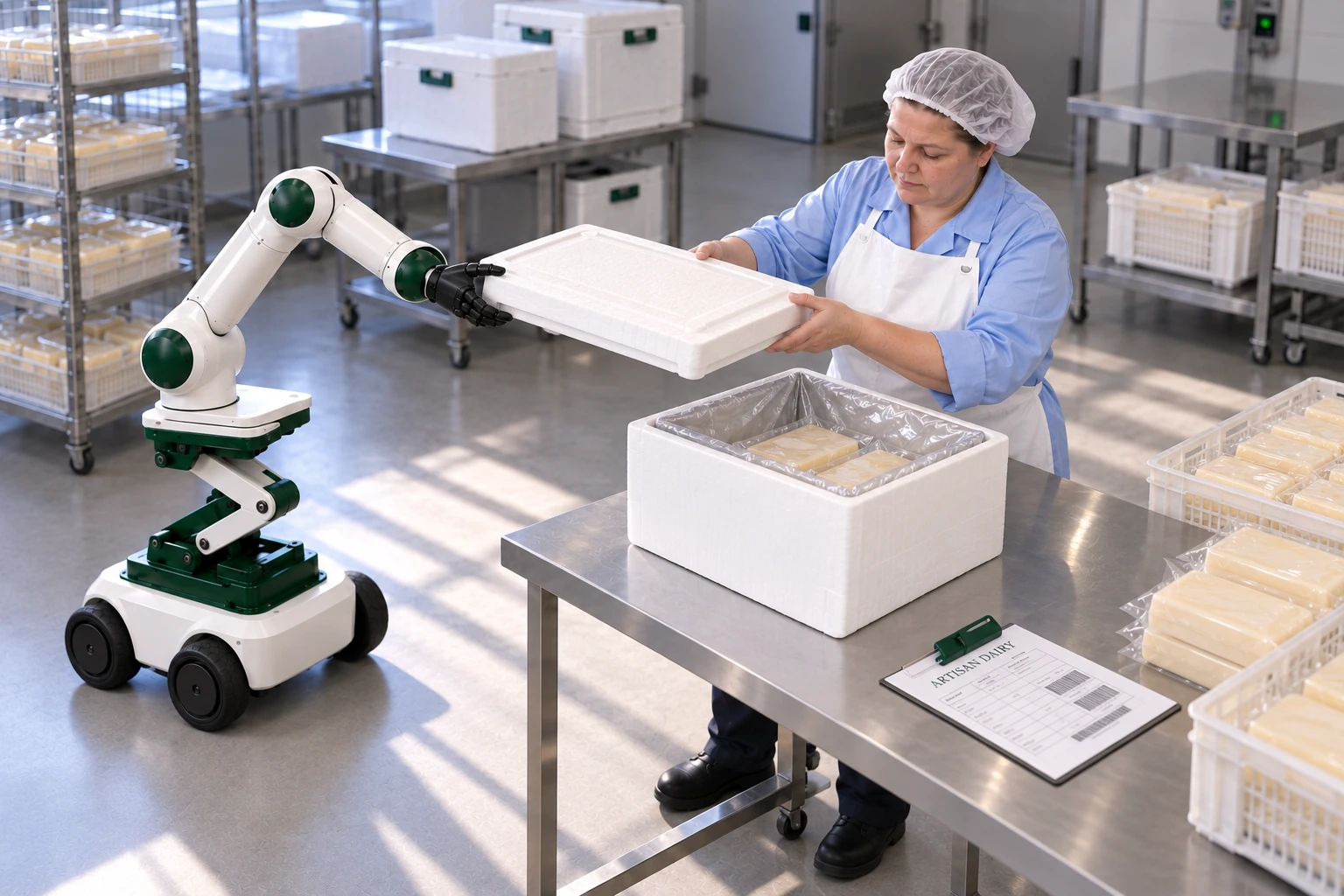 Muscle brings an empty reusable insulated lid to the packing table on its open palm.