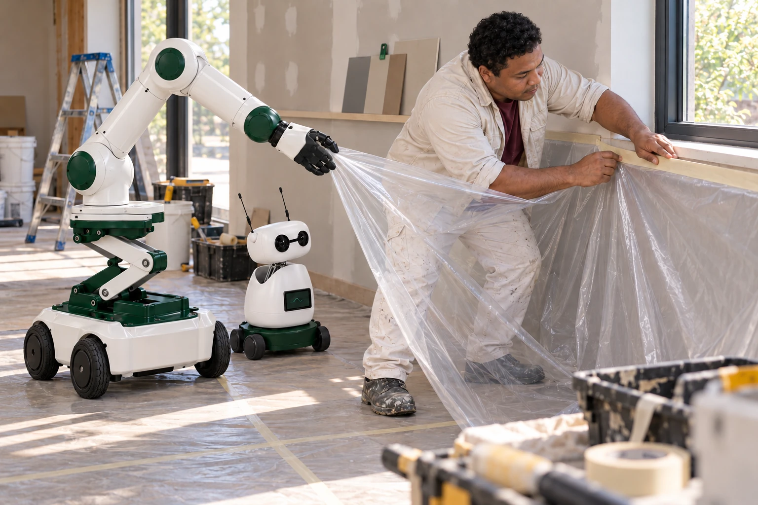 Muscle holds a loose protective-film fold away from the wall while the decorator fixes its upper edge below a low window sill. Mini watches beside the skilled worker.
