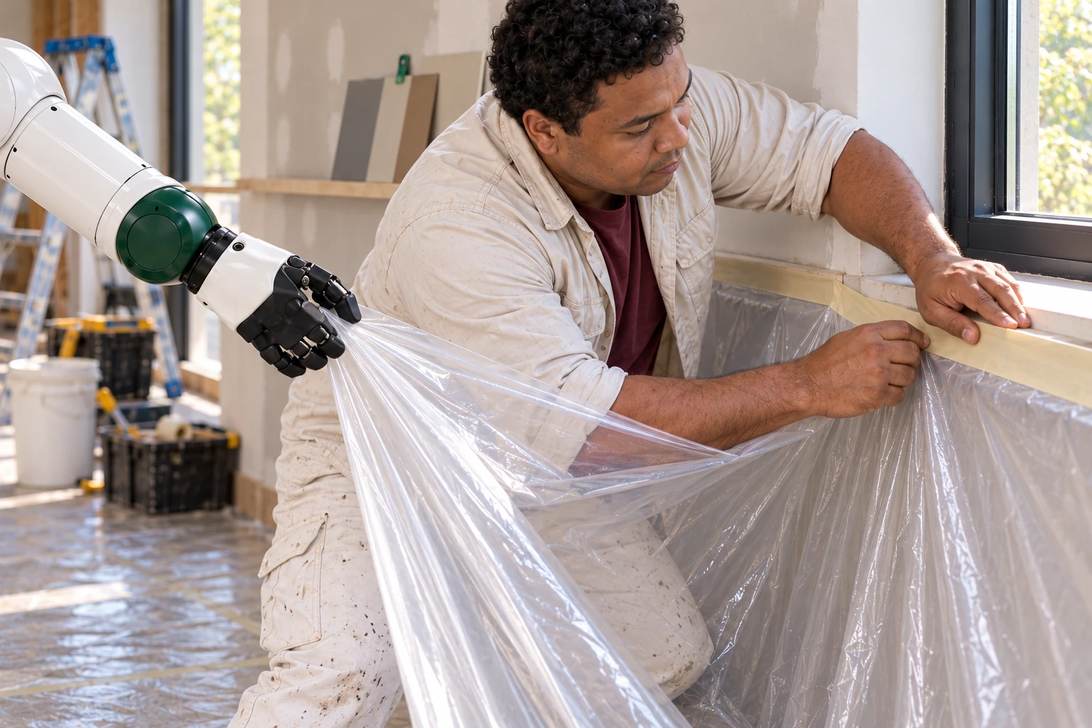 Muscle holds a loose protective-film fold away from the wall while the decorator fixes its upper edge below a low window sill.