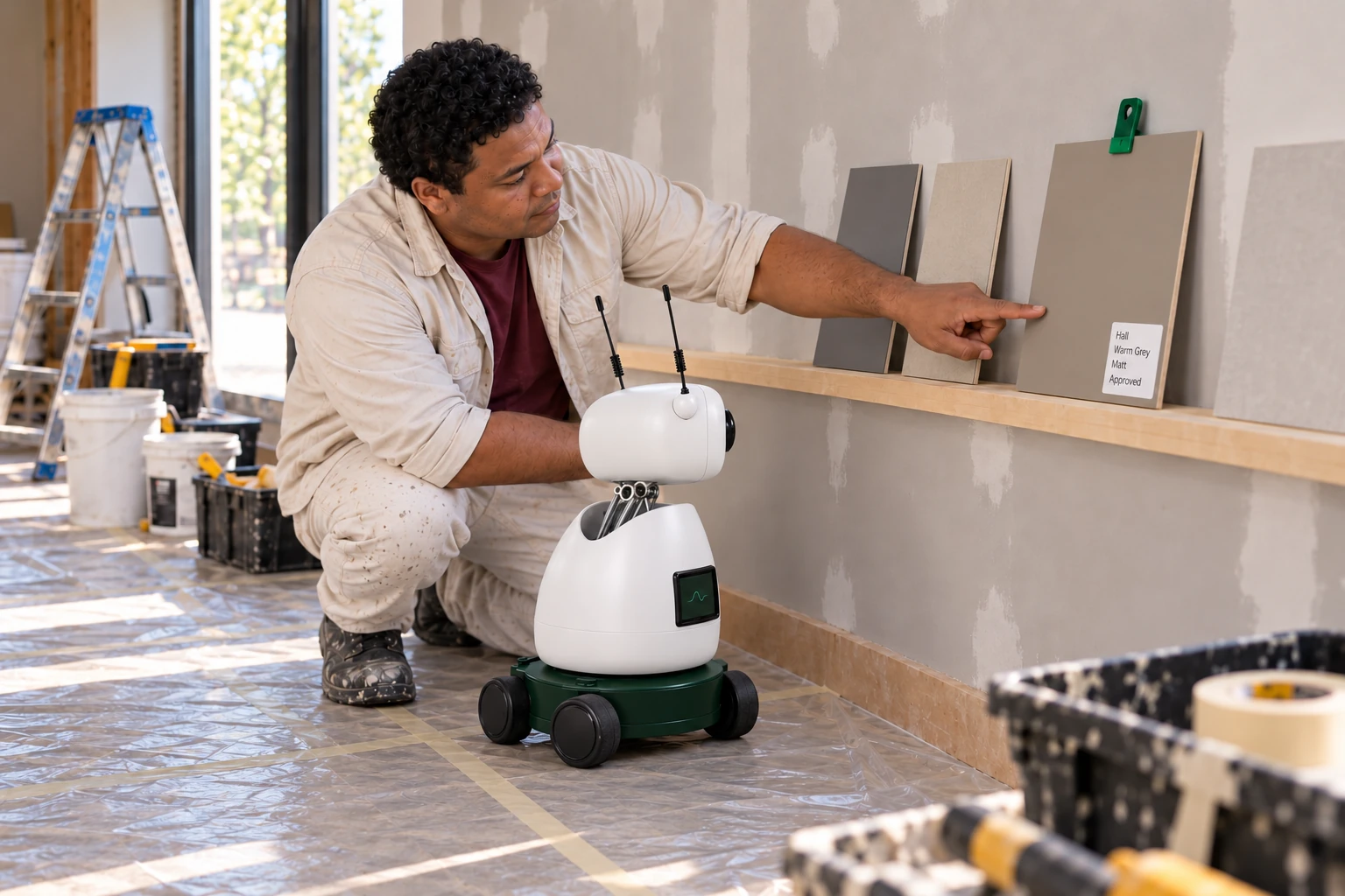 The decorator shows Mini the green-clipped sample board and explains that its rear label records the hall’s approved colour and finish.