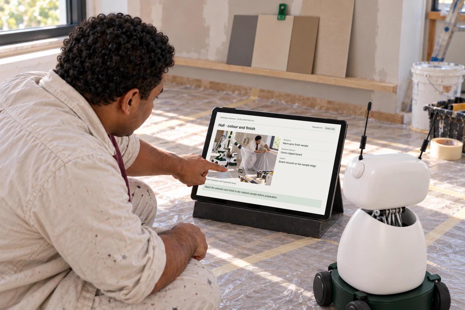 Worker and Mini consult the selected coating’s preparation sheet and room colour schedule.
