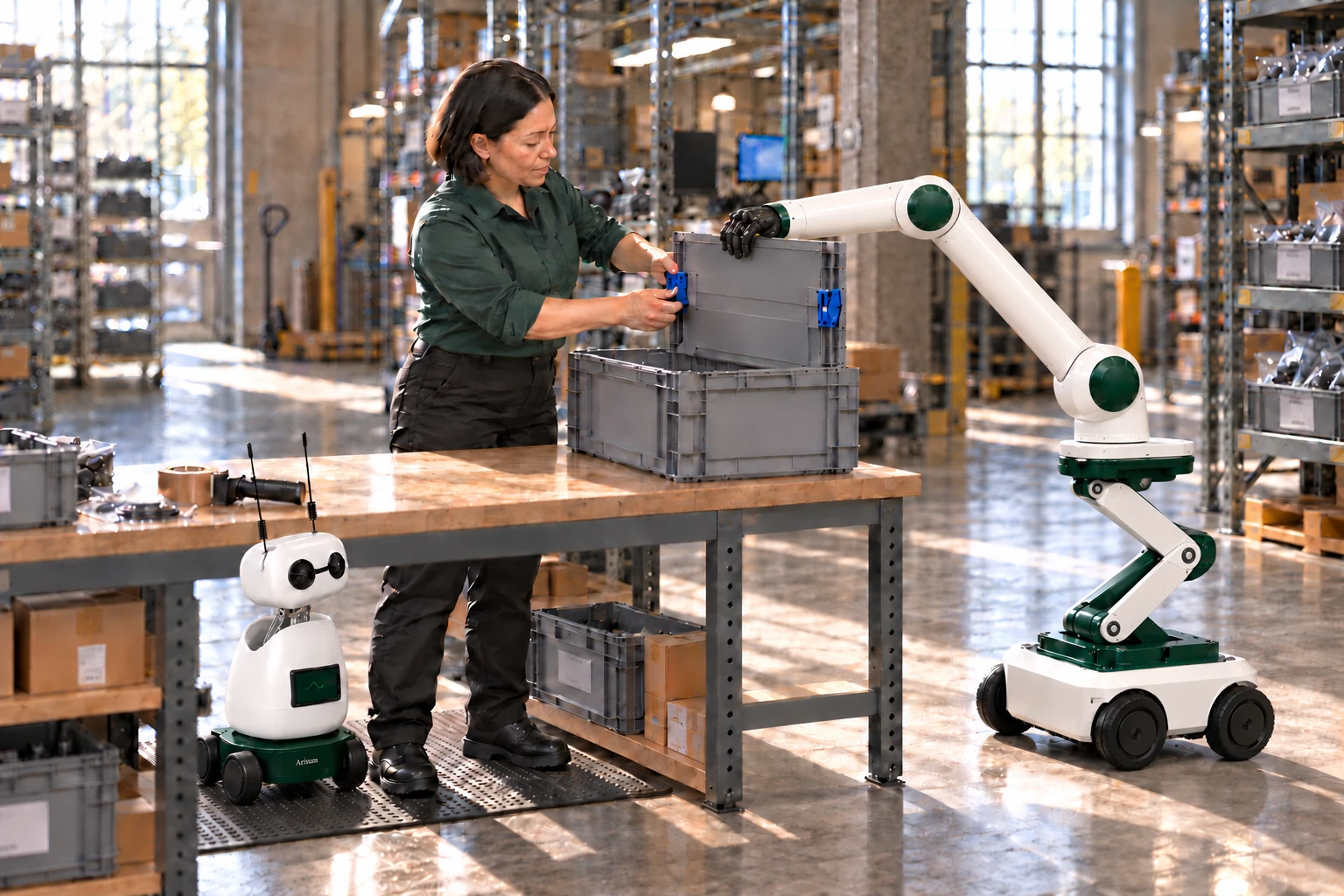 Muscle steadies a raised removable side of a small returnable parts crate while the dispatch worker engages its two corner clips. Mini observes the actual handwork from a separate clear floor position.