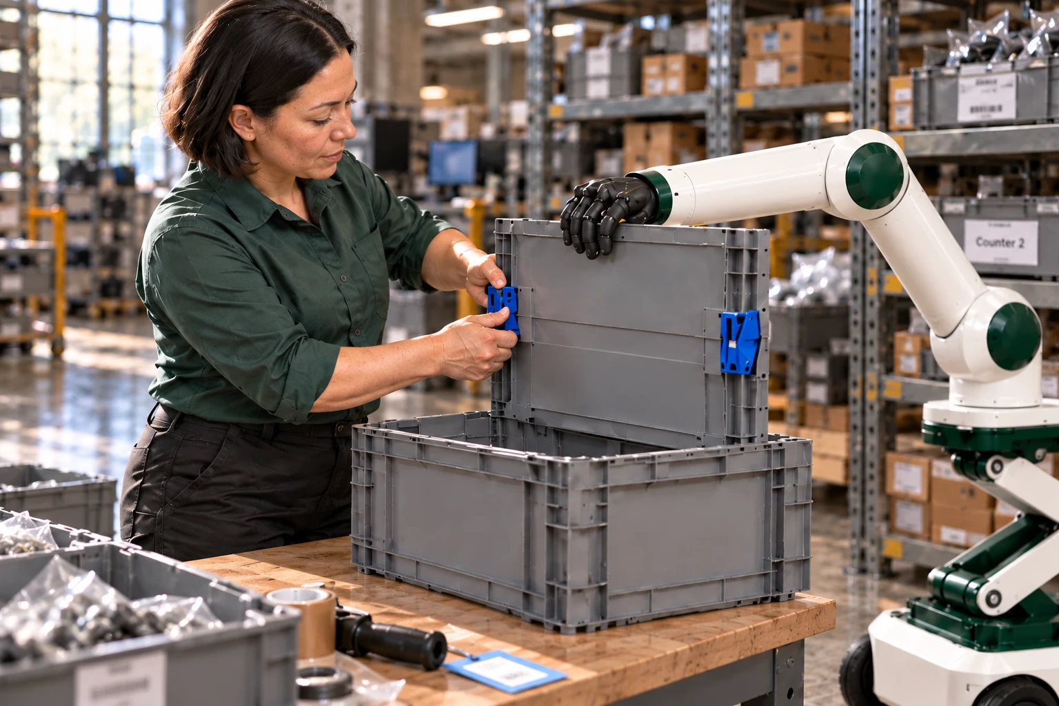 Muscle steadies a raised removable side of a small returnable parts crate while the dispatch worker engages its two corner clips.
