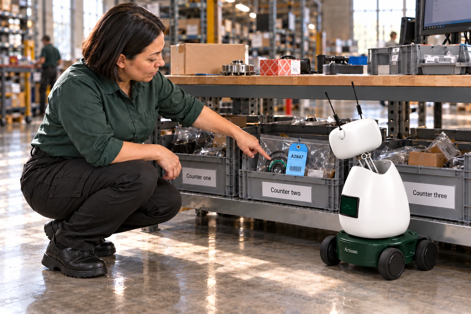 The assistant explains that matched parts stay with their customer order tag until collection. The worker identifies the customer’s matched seal kit with its blue order tag in the low collection bin labelled Counter two.