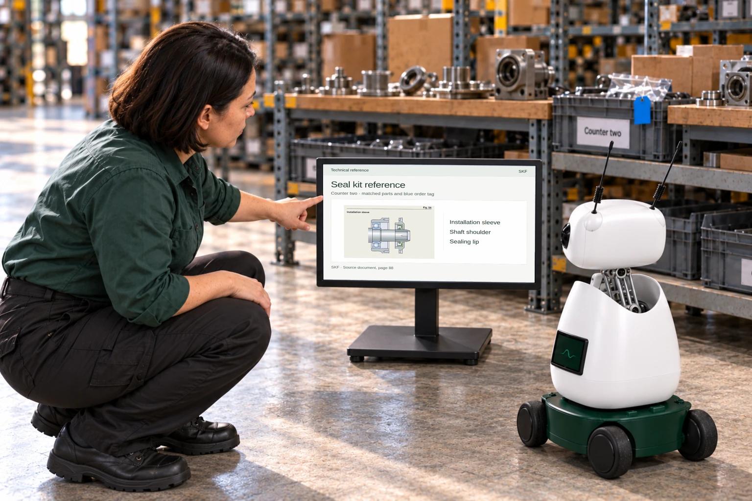 The counter assistant and Mini compare the customer job reference with a source catalogue drawing on a supported display.