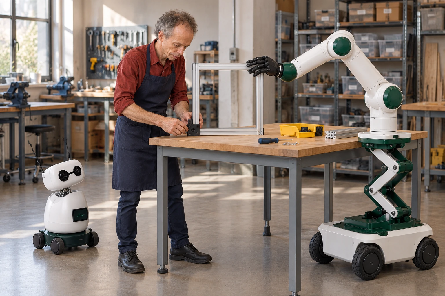Muscle steadies one raised side of a lightweight demonstration frame while the instructor fits its removable corner connector with both hands. Mini observes the actual handwork from a separate clear floor position.