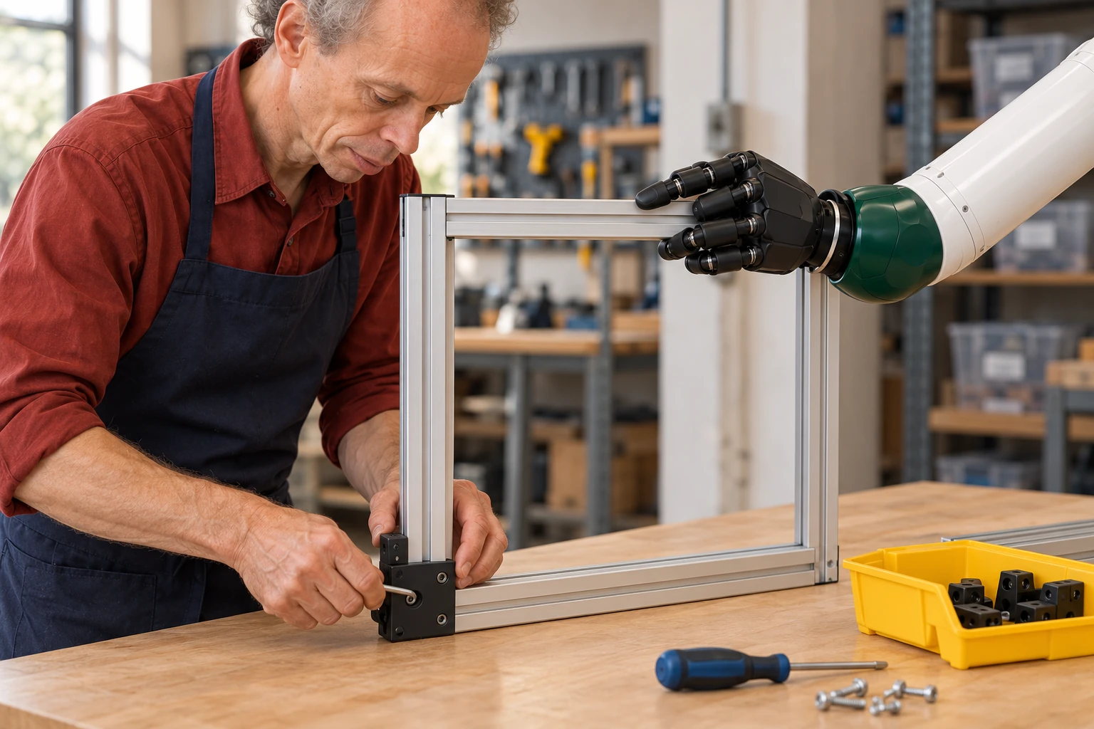 Muscle steadies one raised side of a lightweight demonstration frame while the instructor fits its removable corner connector with both hands.