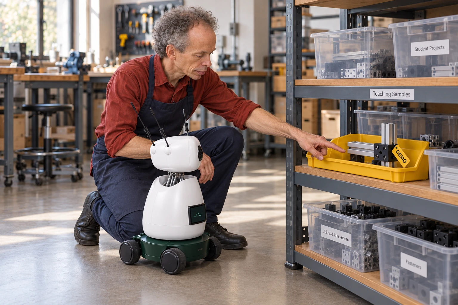 The instructor explains that this tagged assembly is the example students should compare their completed joint against. The worker identifies the reference connector assembly with its yellow demonstration tag in the low teaching-sample tray.