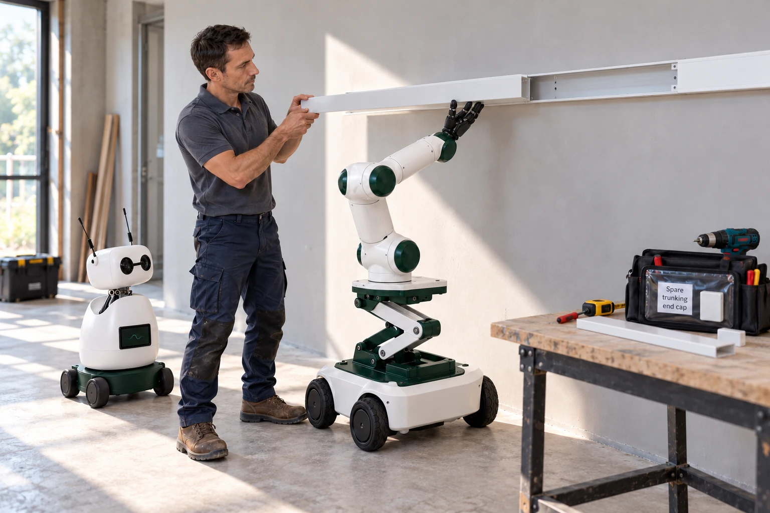 Muscle supports the free end of a removed plastic trunking cover while the electrician compares its length with the empty wall-mounted channel. Mini watches beside the skilled worker.