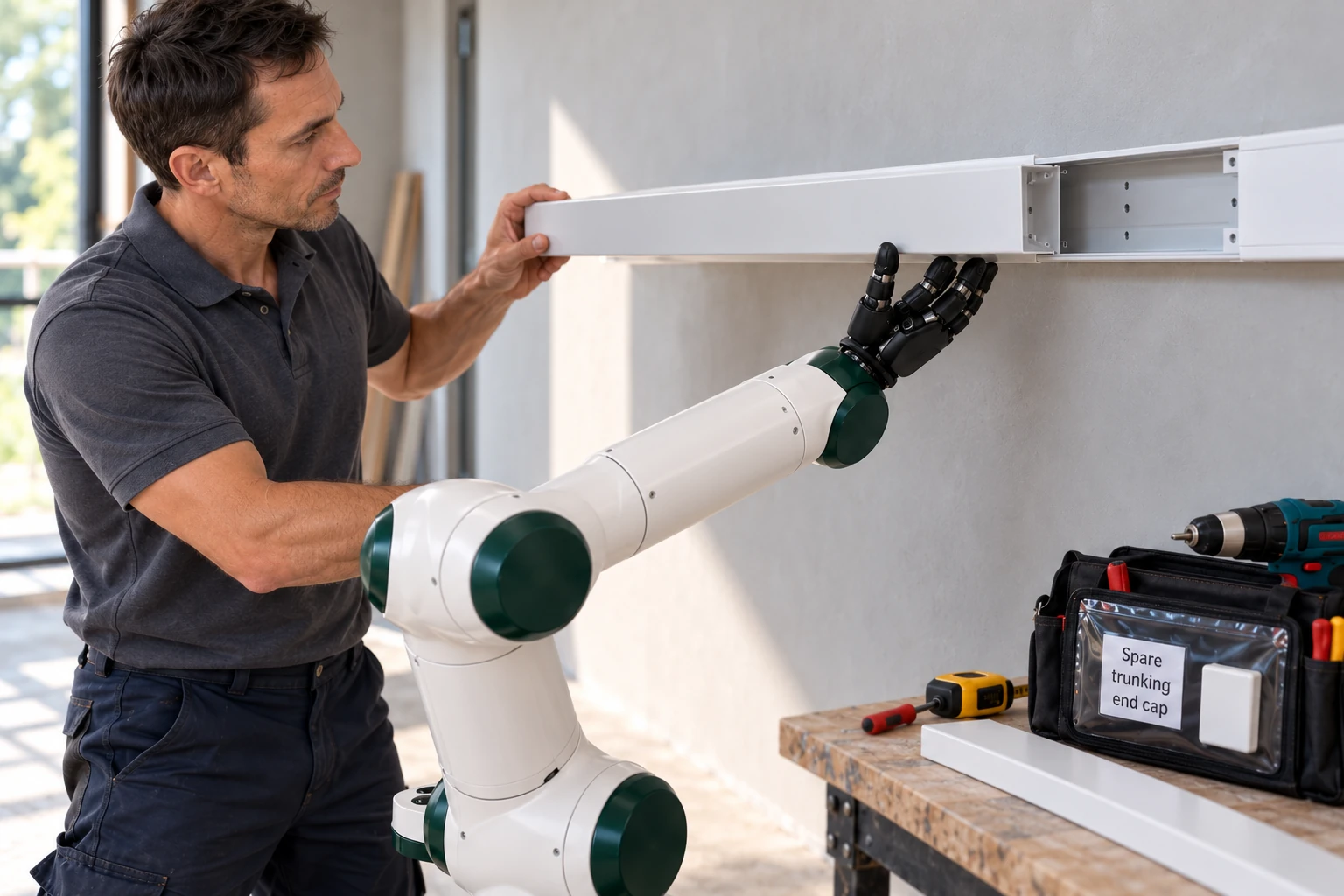 Muscle supports the free end of a removed plastic trunking cover while the electrician compares its length with the empty wall-mounted channel.