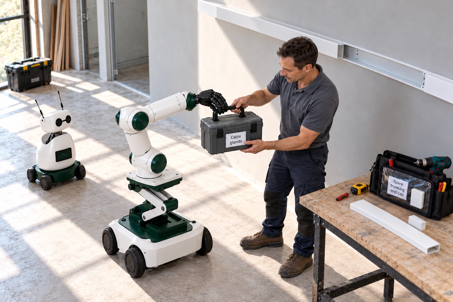 Muscle brings a closed labelled box of selected cable glands to the electrician.