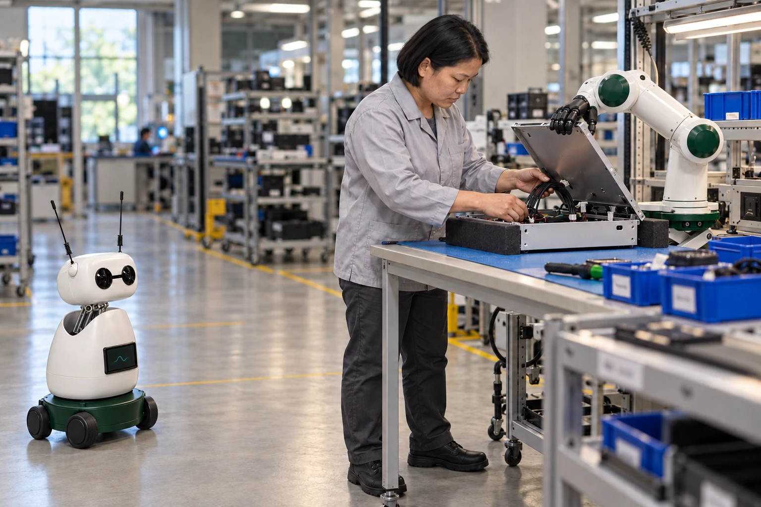 Muscle steadies a lightweight enclosure lid by its rigid exterior while the assembler uses both hands to inspect the supported cable clearance beneath it.